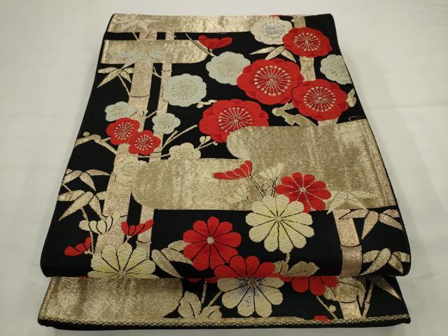 平和屋着物◎六通柄　京袋帯　唐織　梅竹文　黒地　金糸　正絹　逸品　AABJ6847pf