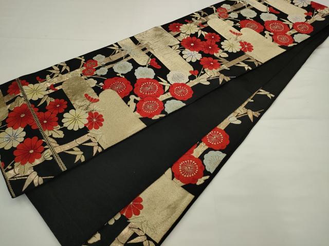 平和屋着物◎六通柄　京袋帯　唐織　梅竹文　黒地　金糸　正絹　逸品　AABJ6847pf