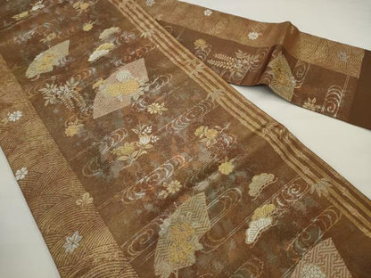 平和屋着物◎九寸名古屋帯　流水草花文　金銀糸　引箔　正絹　逸品　AABJ6850pf
