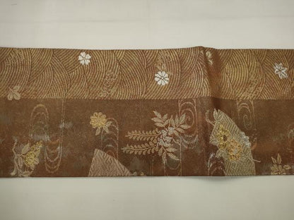 平和屋着物◎九寸名古屋帯　流水草花文　金銀糸　引箔　正絹　逸品　AABJ6850pf