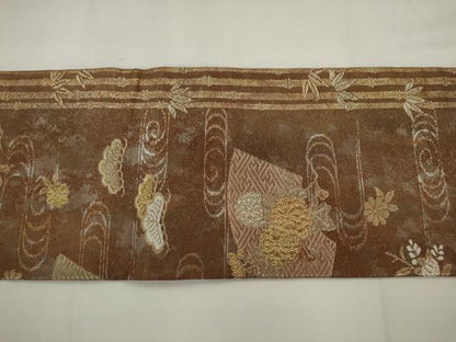 平和屋着物◎九寸名古屋帯　流水草花文　金銀糸　引箔　正絹　逸品　AABJ6850pf