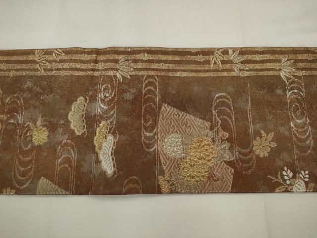 平和屋着物◎九寸名古屋帯　流水草花文　金銀糸　引箔　正絹　逸品　AABJ6850pf