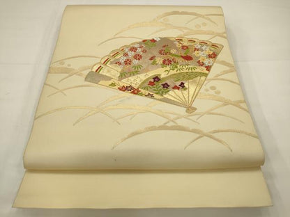 平和屋着物◎八寸名古屋帯　唐織　扇面飛鶴花文　金糸　AABJ6873pf