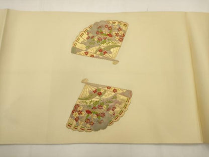 平和屋着物◎八寸名古屋帯　唐織　扇面飛鶴花文　金糸　AABJ6873pf