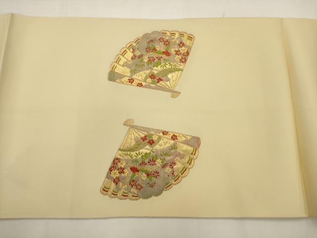 平和屋着物◎八寸名古屋帯　唐織　扇面飛鶴花文　金糸　AABJ6873pf