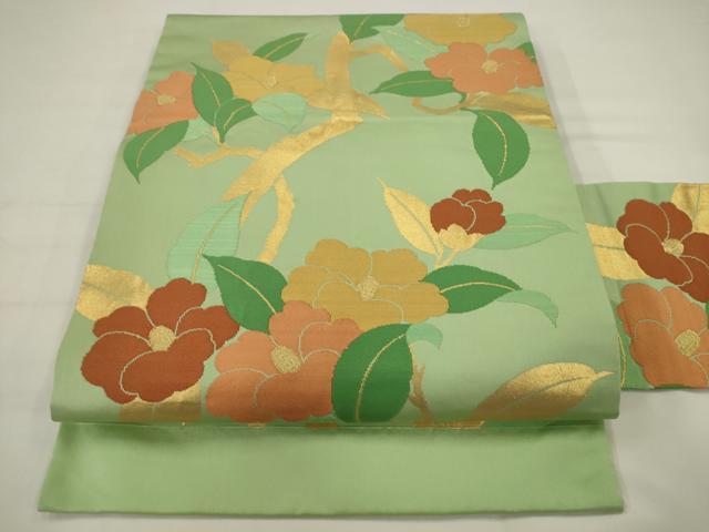 平和屋着物◎九寸名古屋帯　枝花文　金糸　正絹　逸品　AABJ6877pf