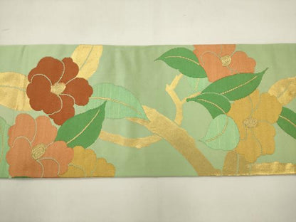 平和屋着物◎九寸名古屋帯　枝花文　金糸　正絹　逸品　AABJ6877pf