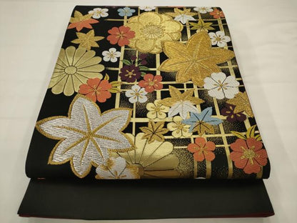 平和屋着物●西陣　田中義織物謹製　六通柄袋帯　唐織　華　黒地　金銀糸　証紙付き　正絹　逸品　AABJ6884pf