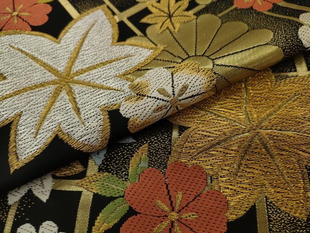 平和屋着物●西陣　田中義織物謹製　六通柄袋帯　唐織　華　黒地　金銀糸　証紙付き　正絹　逸品　AABJ6884pf