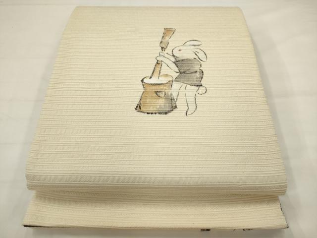 平和屋着物●日本画家　水嶋征夫　太鼓柄袋帯　手描き　兎　正絹　逸品　AABJ6889pf