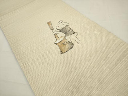平和屋着物●日本画家　水嶋征夫　太鼓柄袋帯　手描き　兎　正絹　逸品　AABJ6889pf