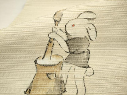 平和屋着物●日本画家　水嶋征夫　太鼓柄袋帯　手描き　兎　正絹　逸品　AABJ6889pf