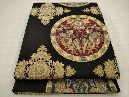 平和屋着物●六通柄袋帯　織輪　狩鞍円文　黒地　金糸　正絹　逸品　AABJ6897pf