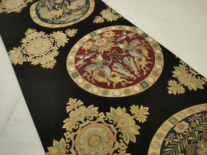 平和屋着物●六通柄袋帯　織輪　狩鞍円文　黒地　金糸　正絹　逸品　AABJ6897pf