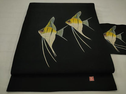 平和屋着物●本加賀友禅　瀬戸算　塩瀬　九寸名古屋帯　魚　エンゼルフィッシュ　黒地　正絹　逸品　AABJ6900pf