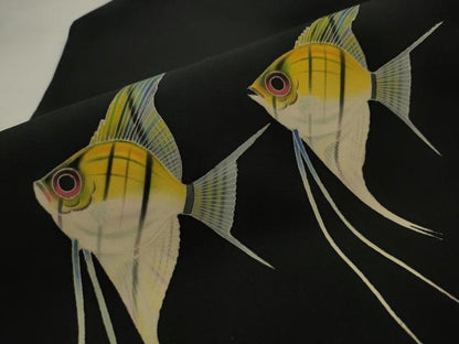 平和屋着物●本加賀友禅　瀬戸算　塩瀬　九寸名古屋帯　魚　エンゼルフィッシュ　黒地　正絹　逸品　AABJ6900pf