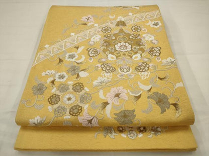 平和屋着物▼太鼓柄袋帯　総刺繍　吉祥瑞雲　銀通し地　正絹　逸品　AABJ6914pf