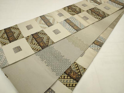 平和屋着物●六通柄袋帯　市松抽象文　金糸　正絹　逸品　AABJ6917pf
