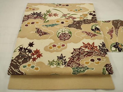 平和屋着物●九寸名古屋帯　紬地　型染め　風景飛鳥文　正絹　逸品　AABJ6920pf