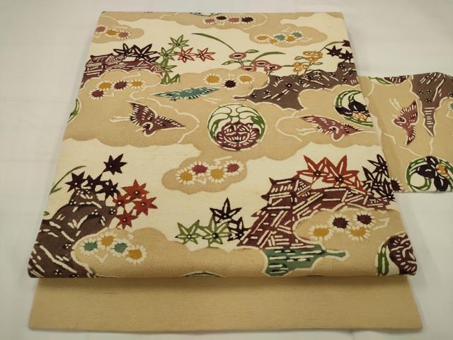 平和屋着物●九寸名古屋帯　紬地　型染め　風景飛鳥文　正絹　逸品　AABJ6920pf