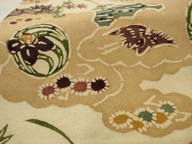 平和屋着物●九寸名古屋帯　紬地　型染め　風景飛鳥文　正絹　逸品　AABJ6920pf
