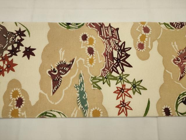 平和屋着物●九寸名古屋帯　紬地　型染め　風景飛鳥文　正絹　逸品　AABJ6920pf