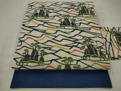平和屋着物●九寸名古屋帯　型染め　立波風景文　正絹　逸品　AABJ6921pf