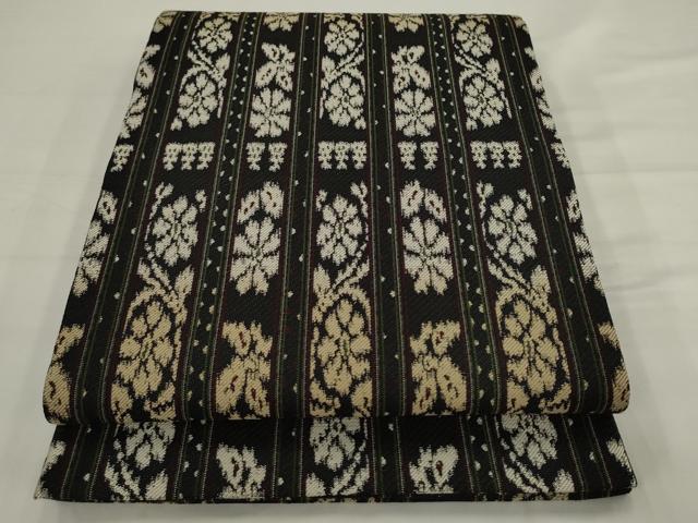 平和屋着物●六通柄袋帯　花間道　黒地　正絹　逸品　AABJ6931pf