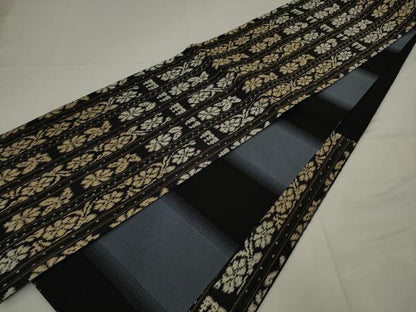 平和屋着物●六通柄袋帯　花間道　黒地　正絹　逸品　AABJ6931pf
