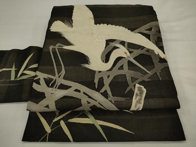 平和屋着物●アンティーク　大正ロマン　九寸名古屋帯　総手刺繍　鷺　黒地　正絹　逸品　AABJ6933pf