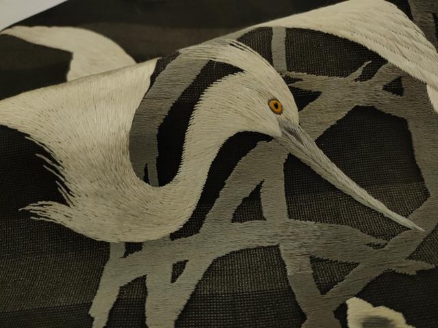 平和屋着物●アンティーク　大正ロマン　九寸名古屋帯　総手刺繍　鷺　黒地　正絹　逸品　AABJ6933pf