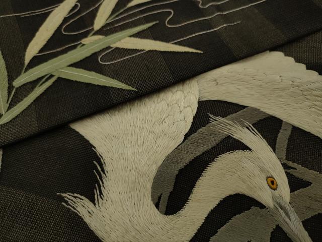 平和屋着物●アンティーク　大正ロマン　九寸名古屋帯　総手刺繍　鷺　黒地　正絹　逸品　AABJ6933pf
