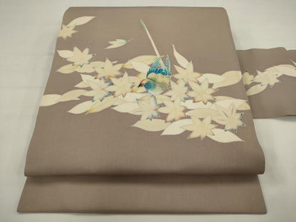 平和屋着物●塩瀬　九寸名古屋帯　友禅　花鳥文　正絹　逸品　AABJ6935pf