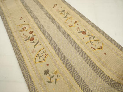 平和屋着物●ひなや工房　くむ・あむ・おる　伊豆蔵明彦　太鼓柄袋帯　総刺繍　草花間道　金糸　正絹　逸品　AABJ6939pf