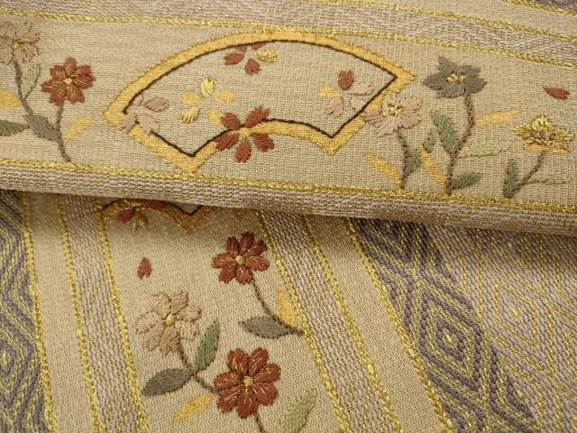 平和屋着物●ひなや工房　くむ・あむ・おる　伊豆蔵明彦　太鼓柄袋帯　総刺繍　草花間道　金糸　正絹　逸品　AABJ6939pf