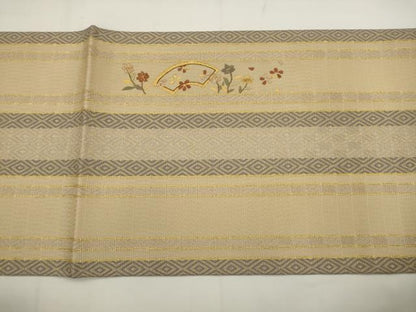 平和屋着物●ひなや工房　くむ・あむ・おる　伊豆蔵明彦　太鼓柄袋帯　総刺繍　草花間道　金糸　正絹　逸品　AABJ6939pf