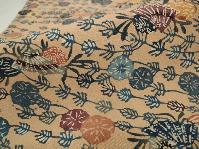 平和屋着物●九寸名古屋帯　型染め　花蝶文　正絹　逸品　AABJ6940pf