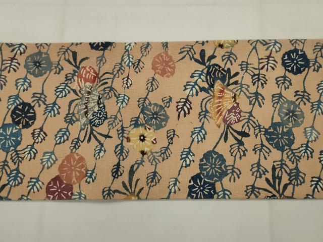 平和屋着物●九寸名古屋帯　型染め　花蝶文　正絹　逸品　AABJ6940pf