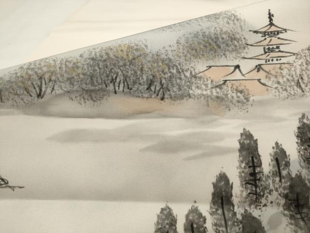 平和屋着物●塩瀬　九寸開き名古屋帯　手描き　風景文　正絹　逸品　AABJ6943pf