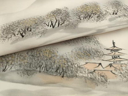 平和屋着物●塩瀬　九寸開き名古屋帯　手描き　風景文　正絹　逸品　AABJ6943pf