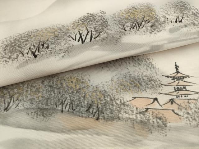 平和屋着物●塩瀬　九寸開き名古屋帯　手描き　風景文　正絹　逸品　AABJ6943pf