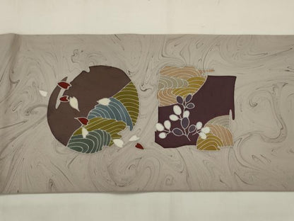 平和屋着物●川野義和　修一郎　塩瀬　九寸名古屋帯　墨流し染め　風景文　正絹　逸品　AABJ6957pf