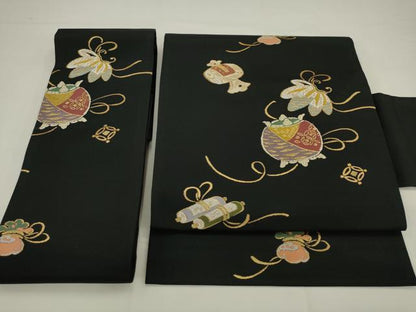 平和屋着物●つけ帯　吉祥文　黒地　金糸　正絹　逸品　AABJ6962pf