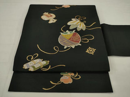 平和屋着物●つけ帯　吉祥文　黒地　金糸　正絹　逸品　AABJ6962pf