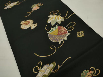 平和屋着物●つけ帯　吉祥文　黒地　金糸　正絹　逸品　AABJ6962pf