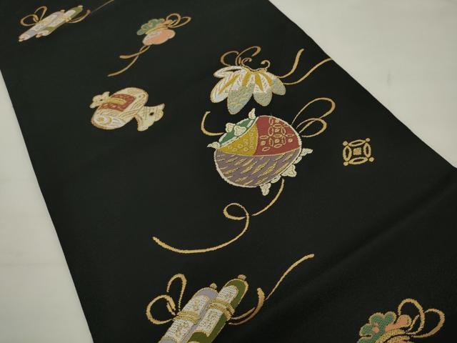 平和屋着物●つけ帯　吉祥文　黒地　金糸　正絹　逸品　AABJ6962pf