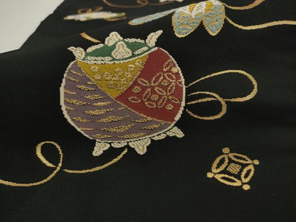 平和屋着物●つけ帯　吉祥文　黒地　金糸　正絹　逸品　AABJ6962pf