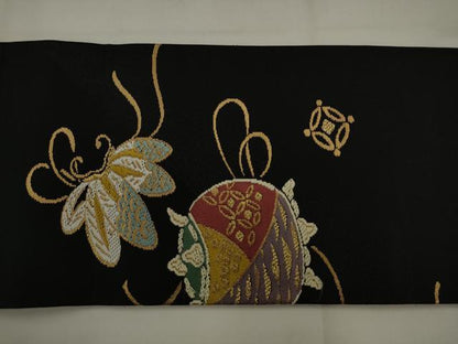 平和屋着物●つけ帯　吉祥文　黒地　金糸　正絹　逸品　AABJ6962pf