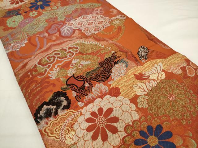 平和屋着物●アンティーク　大正ロマン　丸帯　龍　吉祥花文　正絹　逸品　AABJ6967pf