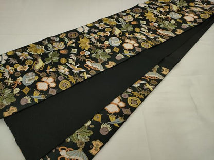 平和屋着物●六通柄袋帯　唐織　飛鶴宝尽くし　黒地　金糸　正絹　逸品　AABJ6986pf